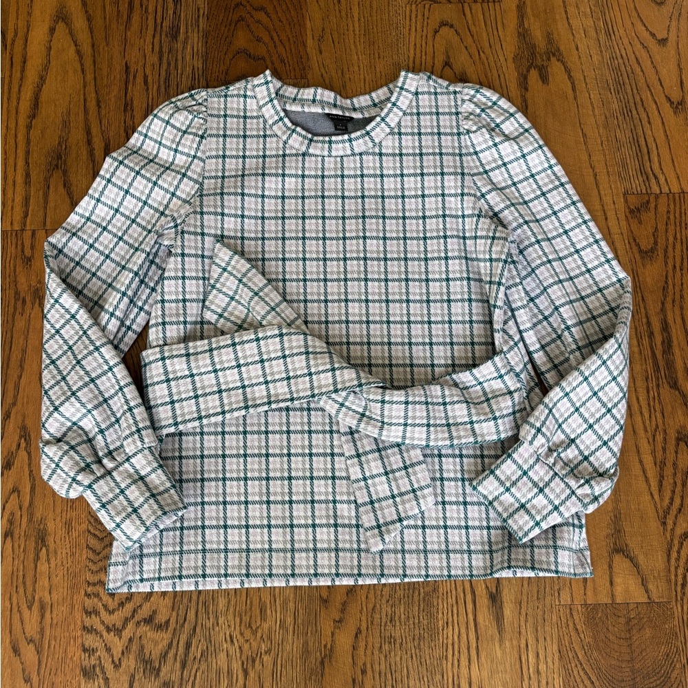 Ann Taylor Green, Gray, and Pink Plaid Top